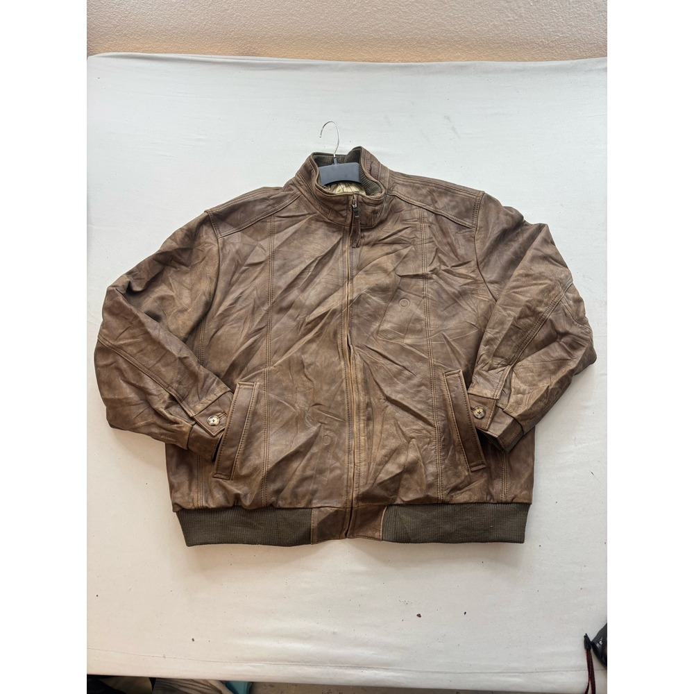 Jos. A. Bank Mens XL Brown Leather Bomber Jacket Map Print Lining Distressed
